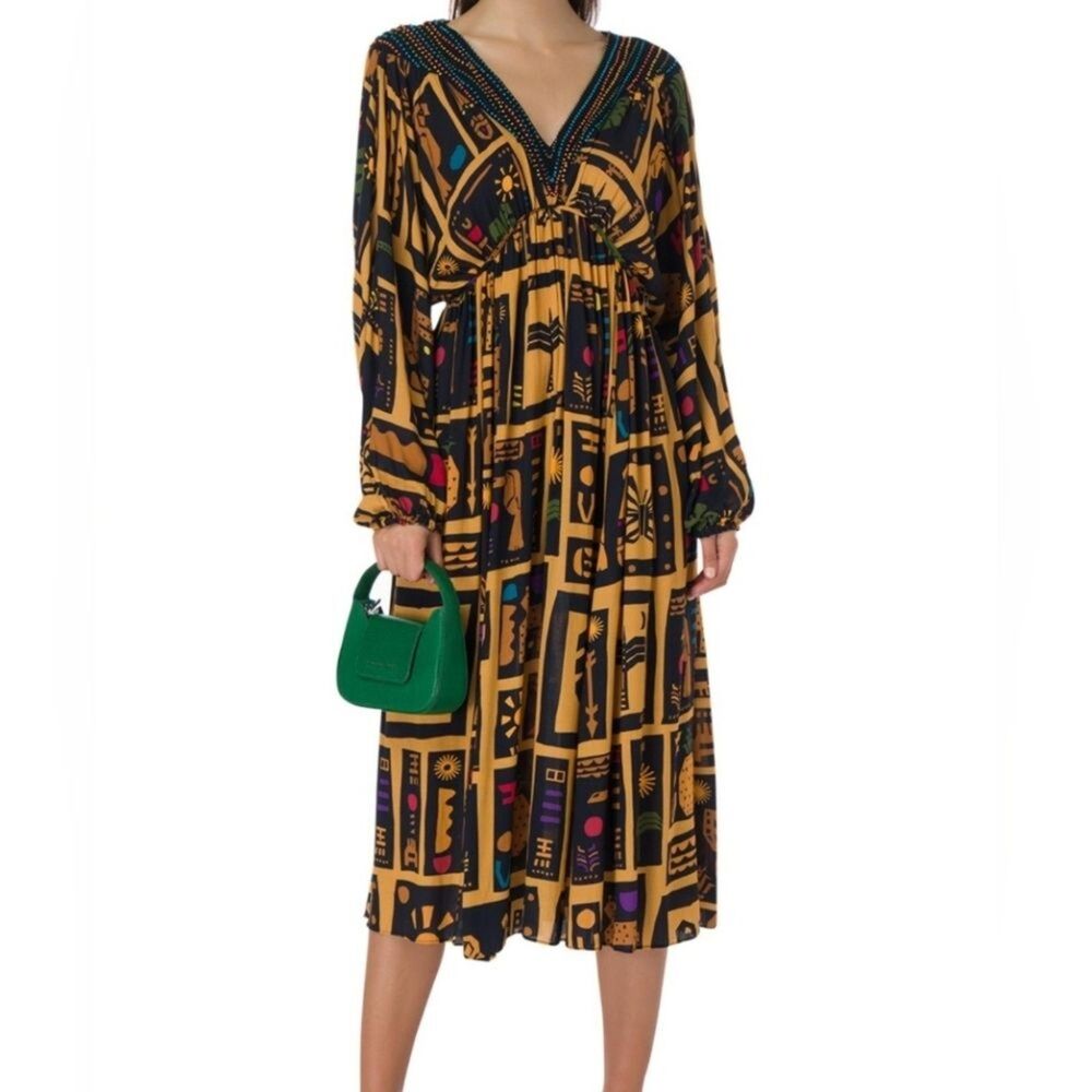 Farm Rio Tropical Icon Beaded Midi Dress Size XS Yellow Black Boho Vacation